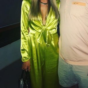 Satin Bright Green jumpsuit with tie front from LuLu’s